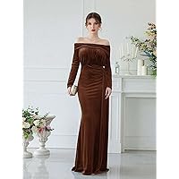 Dresses for Women Women's Dress Off Shoulder Ruched Front Velvet Prom Dress Dresses (Color : Rust Brown, Size : Large)