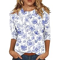 Women's T-Shirts, 3/4 Sleeve Shirts for Women Cute Flowers Print Graphic Tees Blouses Casual Plus Size Basic Tops Pullover