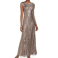 Womens Beige Sequined Cap Sleeve Jewel Neck Full-Length Evening Fit + Flare Dress 14