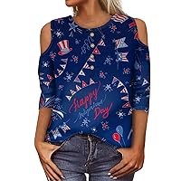 Women's 4Th of July Outfits Summer Shirt Fashion Loose Casual Print Button Off Shoulder 3/4 Sleeve Top Shirts