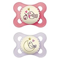 MAM Night Pacifiers (2 Pack, 1 Sterilizing Pacifier Case), MAM Pacifiers 0-6 Months, Best Pacifier for Breastfed Babies, Glow in the Dark Pacifier, Baby Girl Pacifier