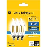 GE Ultra Bright LED Light Bulbs, 100W, Daylight Candle Lights, Clear Decorative CA12 Light Bulbs, Candelabara Base (3 Pack)