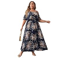 Womens Plus Size Dresses Summer Floral Cold Shoulder Ruffle Trim Maxi A-Line Dress
