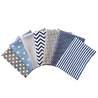 7pcs Cotton Quilting Fabric, Blue Grey Fat Quarter Fabric Bundles Printed Patchwork Squares Polka Dot Wave Striped Gingham Fabric for Sewing DIY Crafts, 18 x 22 inches