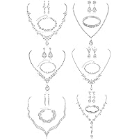 6 Set Women Silver Jewelry Set Including Crystal Rhinestone Necklace Rhinestone Bracelet Teardrop Dangle Earrings for Wedding