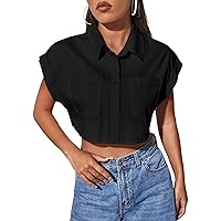 Verdusa Women's Pocket Front Roll Up Cap Sleeve Button Down Crop Blouse Top