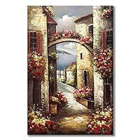 Paimuni 100% Hand Painted Canvas Wall Art Italy Town Mediterranean Tuscany Sea Coast Flowers Oil Painting Stretched and Framed Ready to Hang Landscape Scenery Wall Decor 24x36 Inch