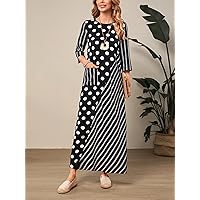 Dresses for Women Striped & Polka Dot Print Pocket Patched Dress (Color : Black and White, Size : Large)