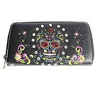 Texas West Women's Embroidered Sugar Skull Wallet Purse Clutch Wallet in 7 colors (Black)