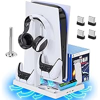 PS5 Slim Stand with Controller Charger, PS5 Slim Cooling Station, Controller Charging Station, PS5 Accessories Stand for Playstation 5