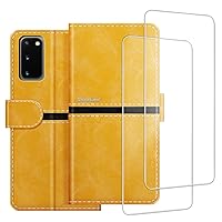 Phone Case Compatible with Samsung Galaxy S20 + [2 Pack] Screen Protector Glass Film, Premium Leather Magnetic Protective Case Cover for Samsung Galaxy S20 5G (6.2 inches) Gold