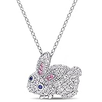 925 Sterling Silver Finish Created Pink, Blue & White Sapphire Bunny Rabbit Pendant Cable Chain Necklace