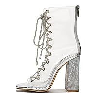 Cape Robbin Lookey Glitter Chunky Lace-up Chelsea Ankle Boots with Chunky Block Heels for Women, Peep-toe Booties with Rhinestone-Embellished Tie and Heel