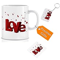 Love Printed Ceramic Mug and Keychain and Tea Coaster Combo || Pack of 3 Best Gift for Loving Couple Someone Special