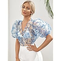 Women's Tops Sexy Tops for Women Shirts Plants Puff Sleeve Sheer Organza Blouse Without Bra Shirts