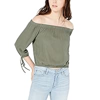 Womens Juniors' Off-The-Shoulder Tie-Sleeve Crop Top (Small, Olive)