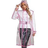 CHICTRY Womens Transparent EVA Hooded Raincoat with Belt Button-up Rain Jackets Waterproof Rainwear Ponchos