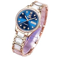 OLEVS Rose Gold Women's Watches, Ceramic Stainless Steel Band, Automatic Mechanical Watch, Waterproof Luminous Pointer Calendar, Diamonds Elegant Watches for Women, Red/Blue/White Dial [No Battery]