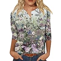 Womens Tops, 3/4 Sleeve Shirts for Women Button Down Cute Print Graphic Tees Blouses Casual Basic Tops Pullover