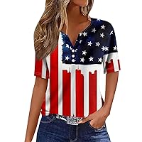 Summer Casual Short Sleeve Tops for Womens Flag Day USA Printed Independence Day V Neck Tshirt Tees