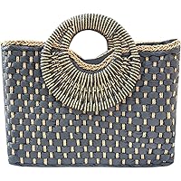 QZUnique Hand-woven Straw Bag Women Summer Beach Handbag Purse Retro Rattan Tote Clutch Travel Bag with Wood Round Top Handle