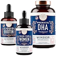 WINDSOR BOTANICALS Liquid Biotin, Liquid Iron with Folic Acid and Prenatal DHA - Wellness and Pregnancy Support Bundle