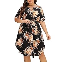 Nemidor Womens Casual Plus Size Summer Boho Floral Print Swing Midi Dress with Pockets NEM306