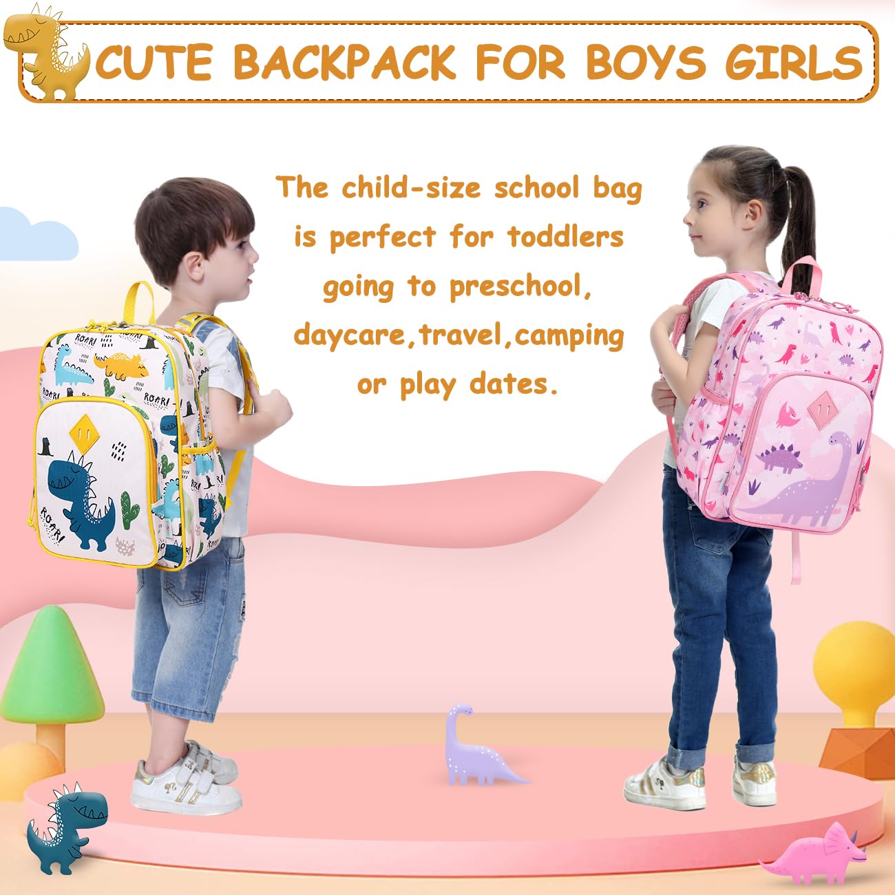 VASCHY Toddler Kids backpacks, Cute Lightweight Water Resistant Preschool Kindergarten Backpack Boys and Girls Yellow Dinosaurs