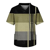 Scrub Tops for Men 2024 Fashion Striped Plaid Printed Shirt V-Neck Soft Stretch Working Uniform with One Chest Pocket