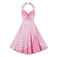ODASDO Pink Gingham Dress for Women Vintage Rockabilly 1950s Spaghetti Strap A-line Swing Midi Cocktail Party Pageant Dress
