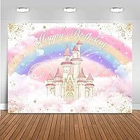 Mocsicka Princess Castle Birthday Backdrop Watercolor Pastel Rainbow Birthday Photography Backdrops Gold Glitter Royal Princess Birthday Party Decorations Cake Table Banner (Pink, 7x5ft (82x60 inch))