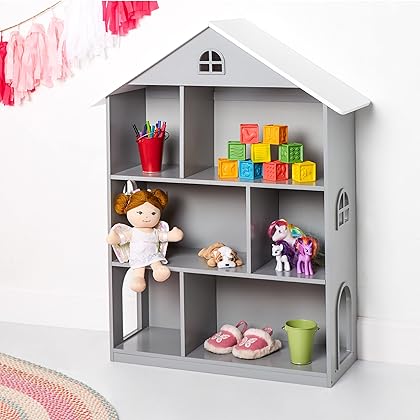 Wildkin Kids Wooden Dollhouse Bookcase for Girls, Measures 42 x 12 x 33 Inches, Dollhouse Bookshelf Keep Toys, Games, Books, and Art Supplies Organized, Ideal for Bedroom or Playroom, BPA-Free (Grey)