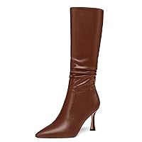 Womens Matte Pointed Toe Outdoor Solid Dress Zip Stiletto High Heel Mid Calf Boots 3.3 Inch