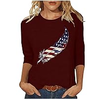 cybermonday Deals 4th of July Shirts for Women Cute Feather Print 3/4 Length Sleeve Womens Tops Dressy Casual Tees Blouses Loose Streetwear Wine