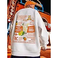 Men Cartoon & Slogan Graphic Drop Shoulder Sweatshirt (Color : White, Size : X-Large)