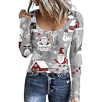 Womens Button Down Henley T-Shirts Xmas Long Sleeve Tops Slim Fit Scoop Neck Shirts 2023 Ladies Ribbed Knit Top