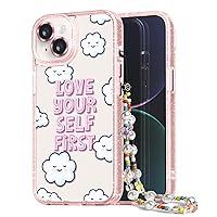 Compatible for iPhone 14 Case Cute Aesthetic - Glitter Pink Phone Case with Camera Protector - Girly Love Yourself First Pattern Print Cover with Wrist Strap Design for Woman Girl 6.1