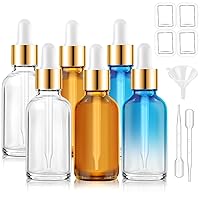 Glass Dropper Bottle, 6 Pack Dropper Bottle 1 OZ with 1 Funnel, 1 Pipette & 2 Labels, 30 ML Eye Dropper Boston Round Bottles For Essential Oils Serums Hair Body Oils(Clear, Blue, Amber)
