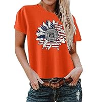 Womens Cute Sunflower USA Flag 4th July American Red White Blue Star Stripes 4 Day T-Shirts Short Sleeve Memorial Tees