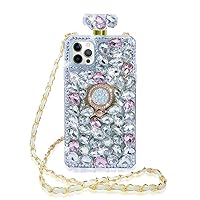 Losin Perfume Bottle Case Compatible with iPhone 15 Pro Max Luxury Bling Glitter Diamond Gemstone Cover 3D Shiny Sparkly Rhinestones Ring Stand Kickstand with Fashion Crossbody Lanyard for Women Girls