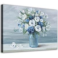 arteWOODS Vintage Flowers Canvas Wall Art Blue White Blossom Canvas Painting Retro Flowers in Vase Canvas Pictures Blue Ocean Background Artwork Prints for Bathroom Bedroom Wall Decor 36X24IN