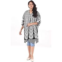 Women's Long Top Geometric Print Indian Girl's Frock Suit Half Sleeve Black Color Tunic Plus Size