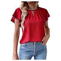 2023 Summer Flowy Ruffle Short Sleeve Shirts for Women Loose Fit Eyelet T Shirt Tunic Blouse Hollow Out Dressy Work Tops