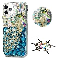 STENES Sparkle Case Compatible with iPhone 15 Pro Max Case - Stylish - 3D Handmade Bling Peacock Rhinestone Crystal Diamond Design Girls Women Cover - Blue