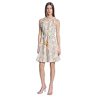 Donna Morgan Women's Mini Floral Printed Ruffle Neck and Armhole Dress with Contrast Tassel Trim
