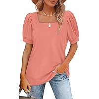 OFEEFAN Women's Pleated Puff Sleeve Tops Square Neck Shirts Loose Fit S-3XL