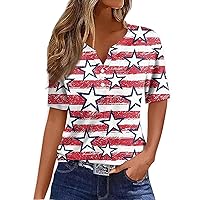 Summer Short Sleeve Womens Tops Independence Day Tshirts 4th of July Shirts V Neck Casual USA Printed Tees