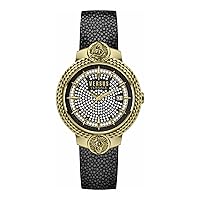 Versus Versace Mouffetard Crystal Collection Luxury Womens Watch Timepiece with a Black Strap Featuring a Gold Case and Black Dial