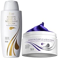 Vitamins Keratin Thin Hair Leave-In Conditioner and Purple Blue Hair Mask Kit - Ultra Hydrating No Rinse Cream and Anti-Brass Conditioner for Bleached Blonde Platinum Silver Gray Dry Damaged Hair