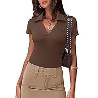 Womens V Neck Short Sleeve Polo Shirts Trendy Casual Work Blouses Fitted Knit Collared Shirt 2024 Summer Tops